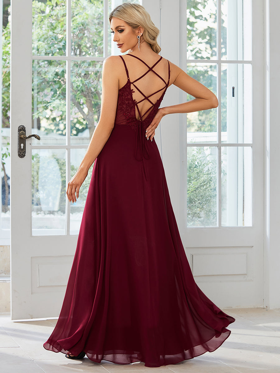 Wholesale Chiffon Bridesmaid Dress with Lace V-Back