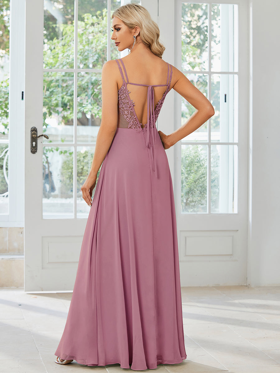 Wholesale Chiffon Bridesmaid Dress with Lace V-Back