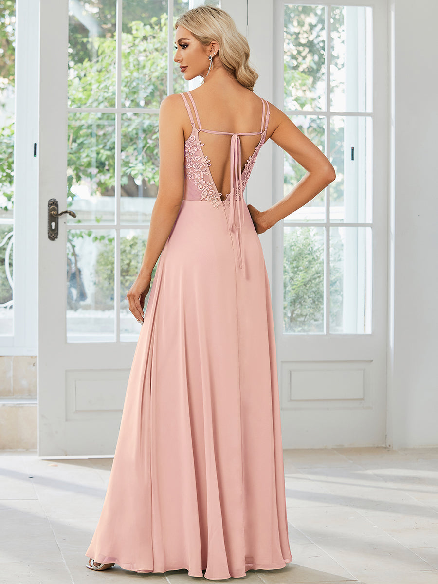 Wholesale Chiffon Bridesmaid Dress with Lace V-Back