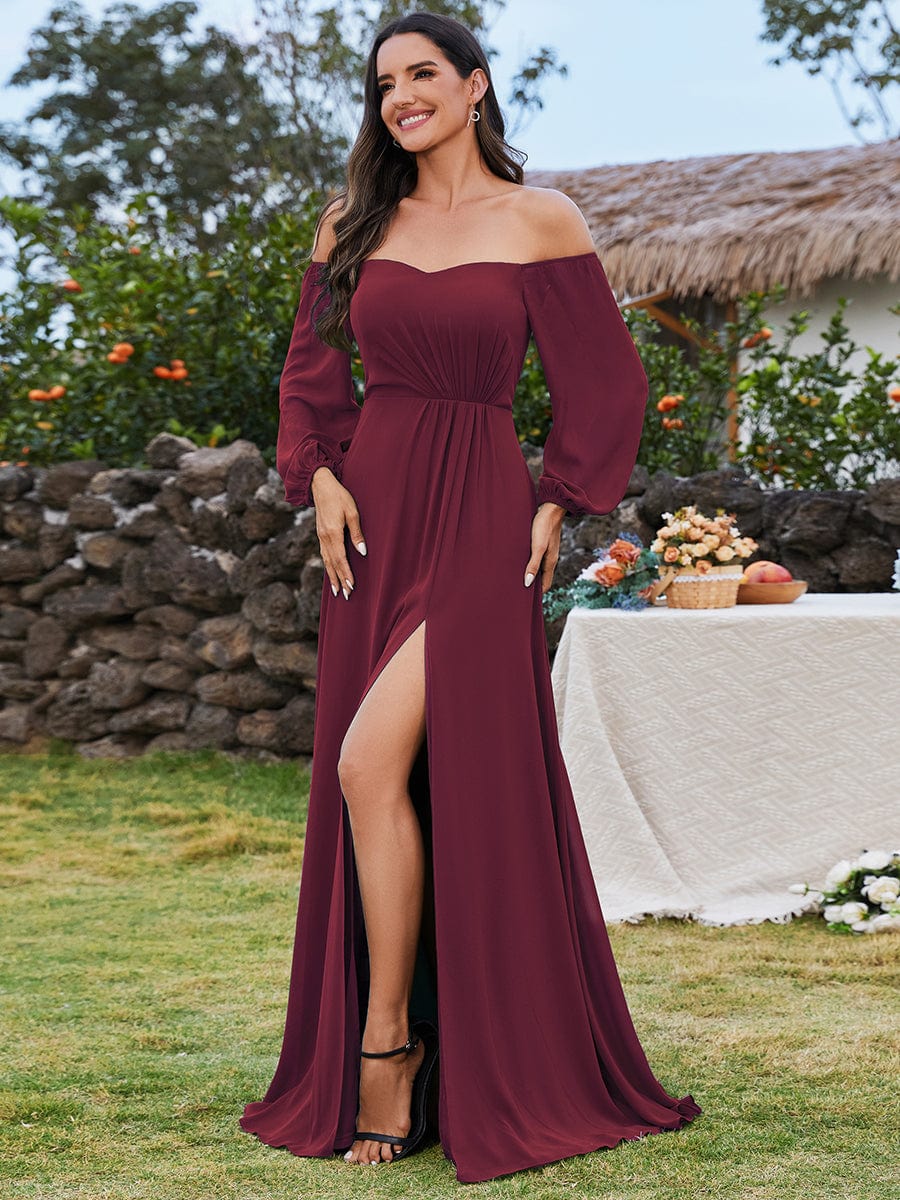 Chic Off Shoulder Chiffon Bridesmaid Dress with Long Sleeves and High Slit