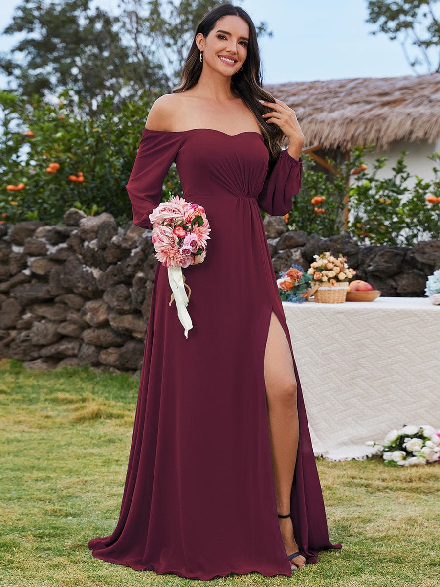 Chic Off Shoulder Chiffon Bridesmaid Dress with Long Sleeves and High Slit