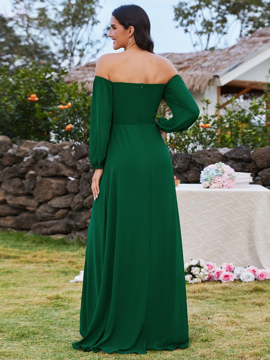 Chic Off Shoulder Chiffon Bridesmaid Dress with Long Sleeves and High Slit