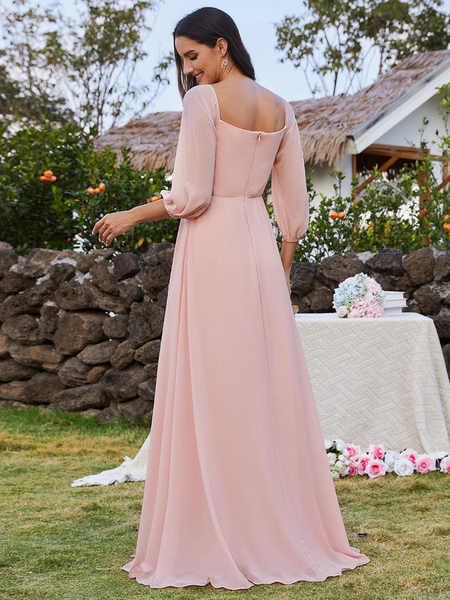 Chic Off Shoulder Chiffon Bridesmaid Dress with Long Sleeves and High Slit