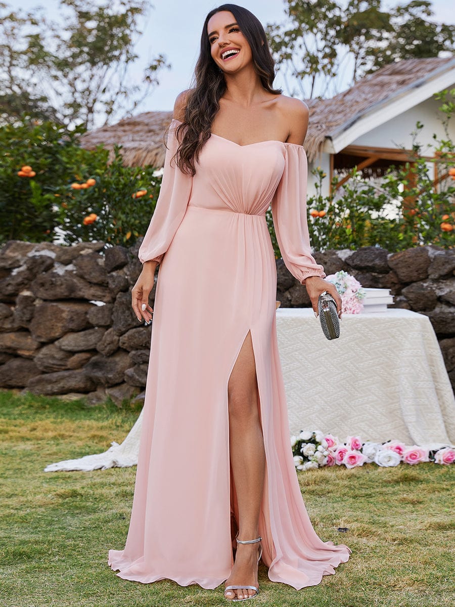 Chic Off Shoulder Chiffon Bridesmaid Dress with Long Sleeves and High Slit