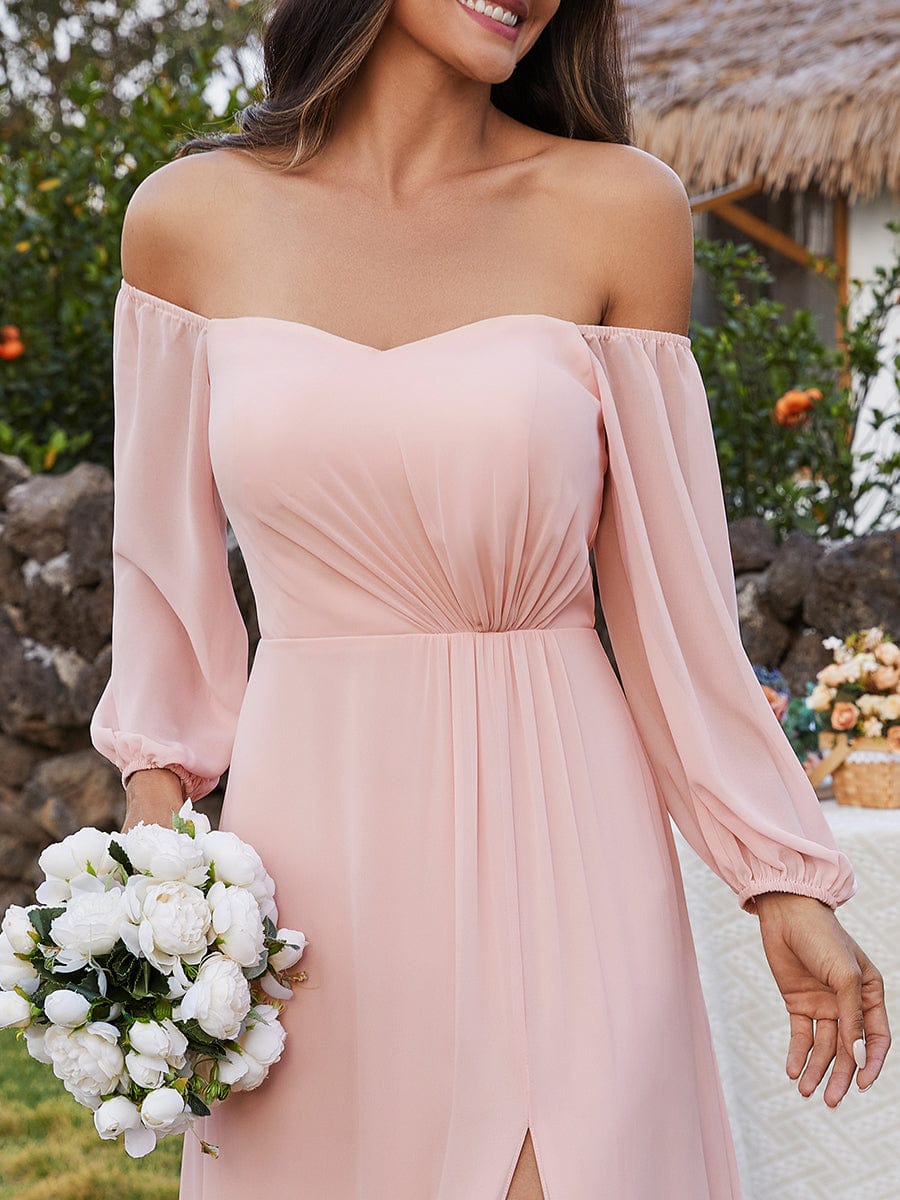 Chic Off Shoulder Chiffon Bridesmaid Dress with Long Sleeves and High Slit